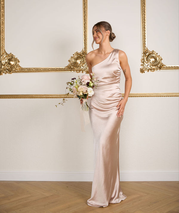 One Shoulder Satin Bridesmaid Dress - Oyster