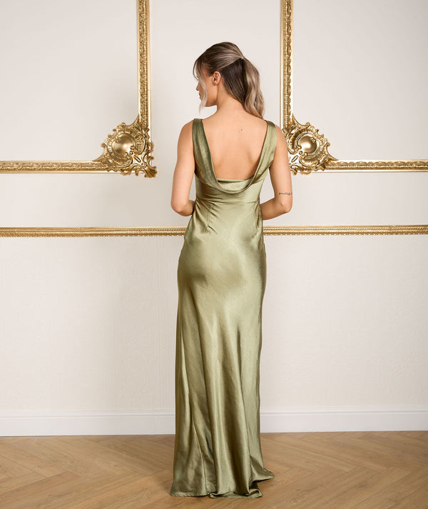 Cowl Back Satin Bridesmaid Dress - Moss Green