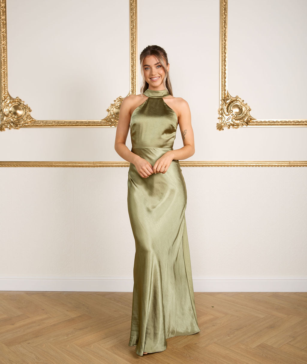 Halter Neck Satin Bridesmaid Dress - Moss Green | Occasion Dress – Six Stories
