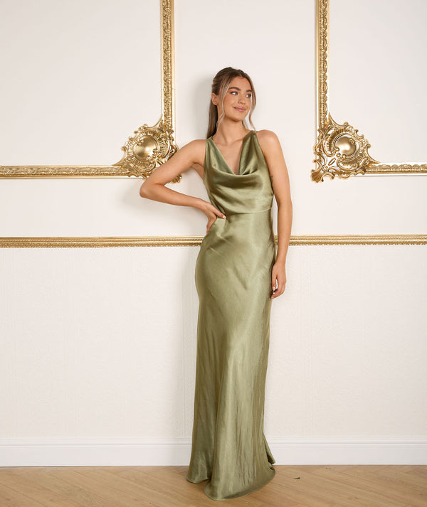 Cowl Front Satin Bridesmaid Dress - Moss Green | Occasion Dress – Six Stories Cowl Front Satin Bridesmaid Dress - Moss Green | Occasion Dress – Six Stories