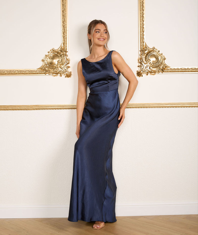 Cowl Back Satin Bridesmaid Dress - Navy