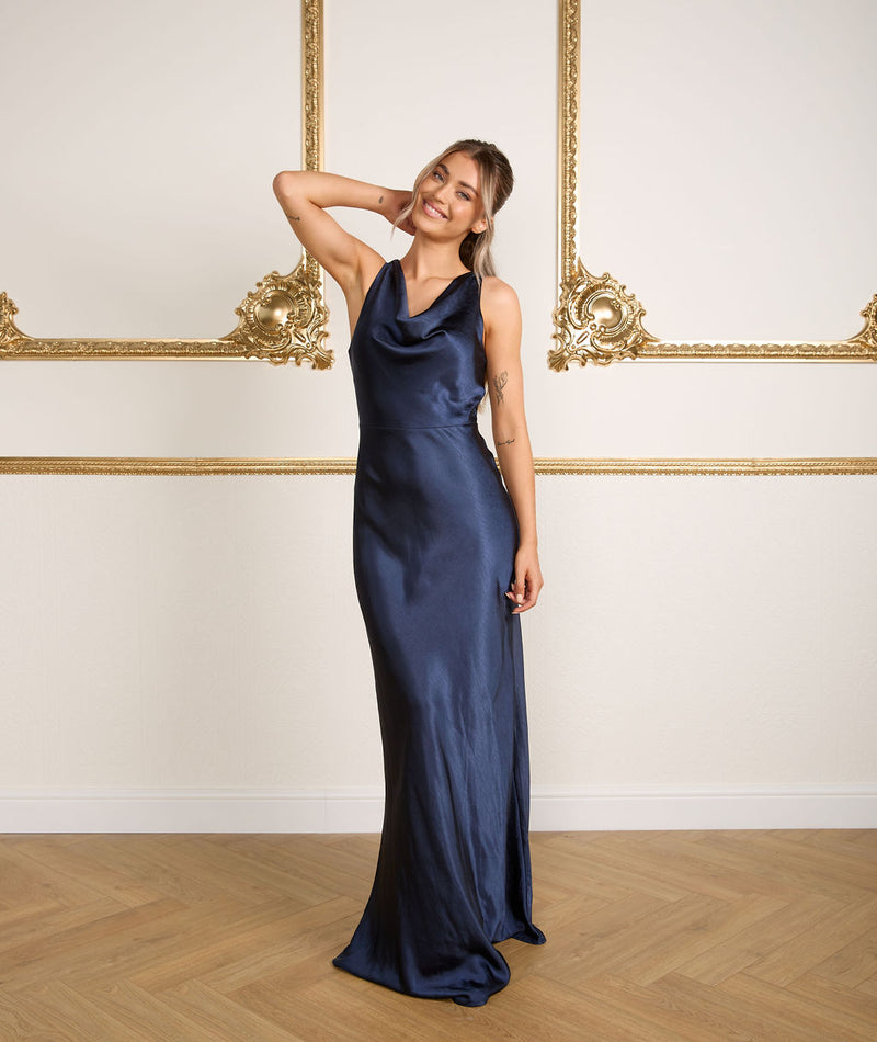 Cowl Front Satin Bridesmaid Dress - Navy