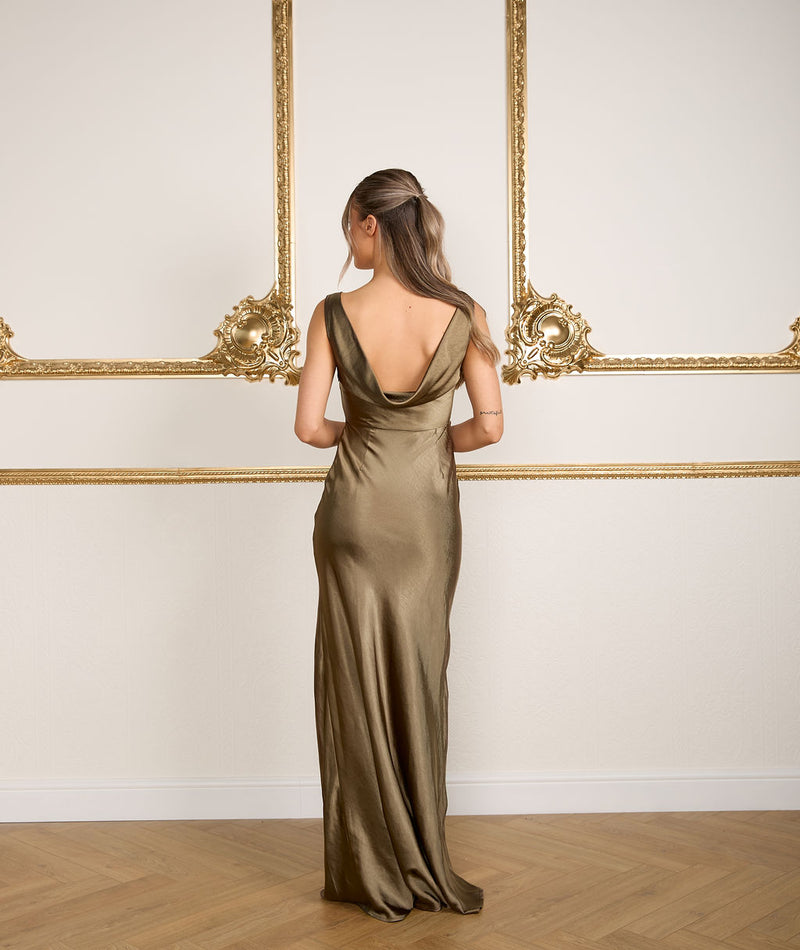 Cowl Back Satin Bridesmaid Dress - Olive