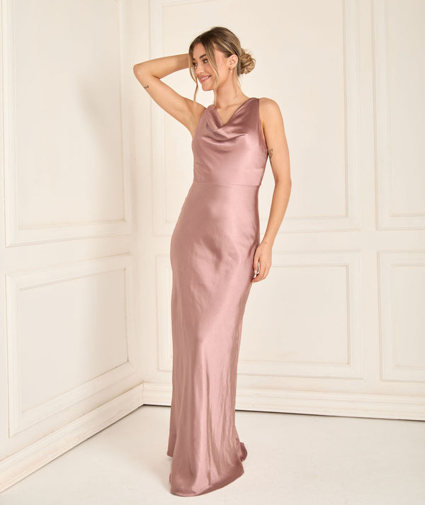 Cowl Front Satin Bridesmaid Dress - Rose