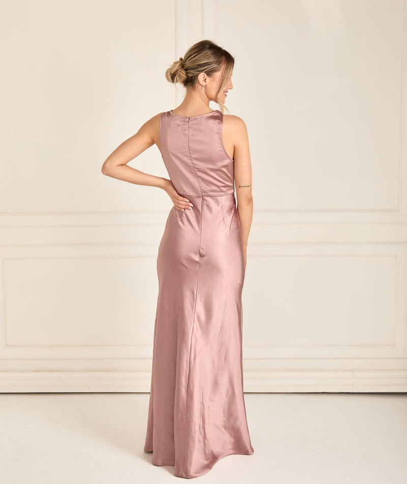 Cowl Front Satin Bridesmaid Dress - Rose