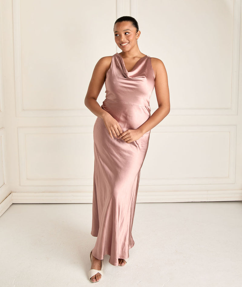 Cowl Front Satin Bridesmaid Dress - Rose