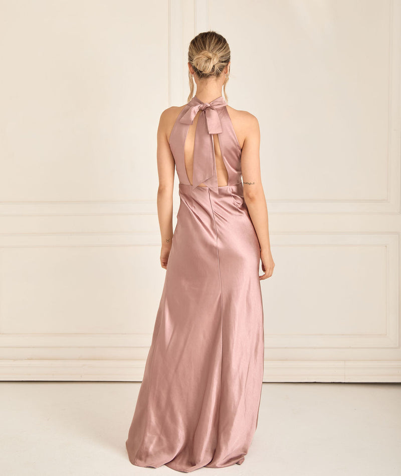 Halter Neck Satin Bridesmaid Dress - Rose