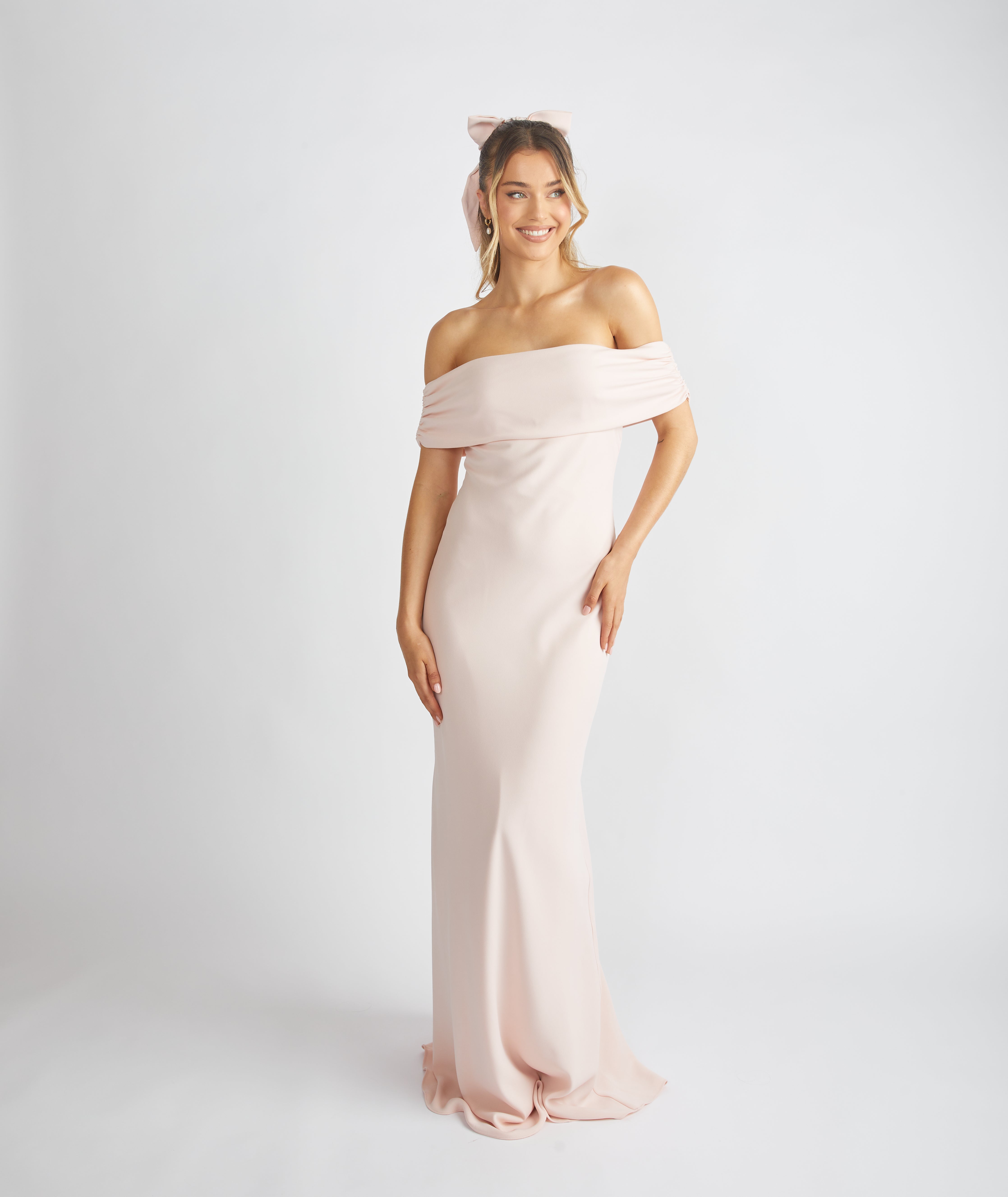 Bardot Gathered Crepe Bridesmaid Dress Blush Six Stories