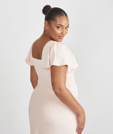 Square Neck Flutter Sleeve Crepe Bridesmaid Dress - Blush