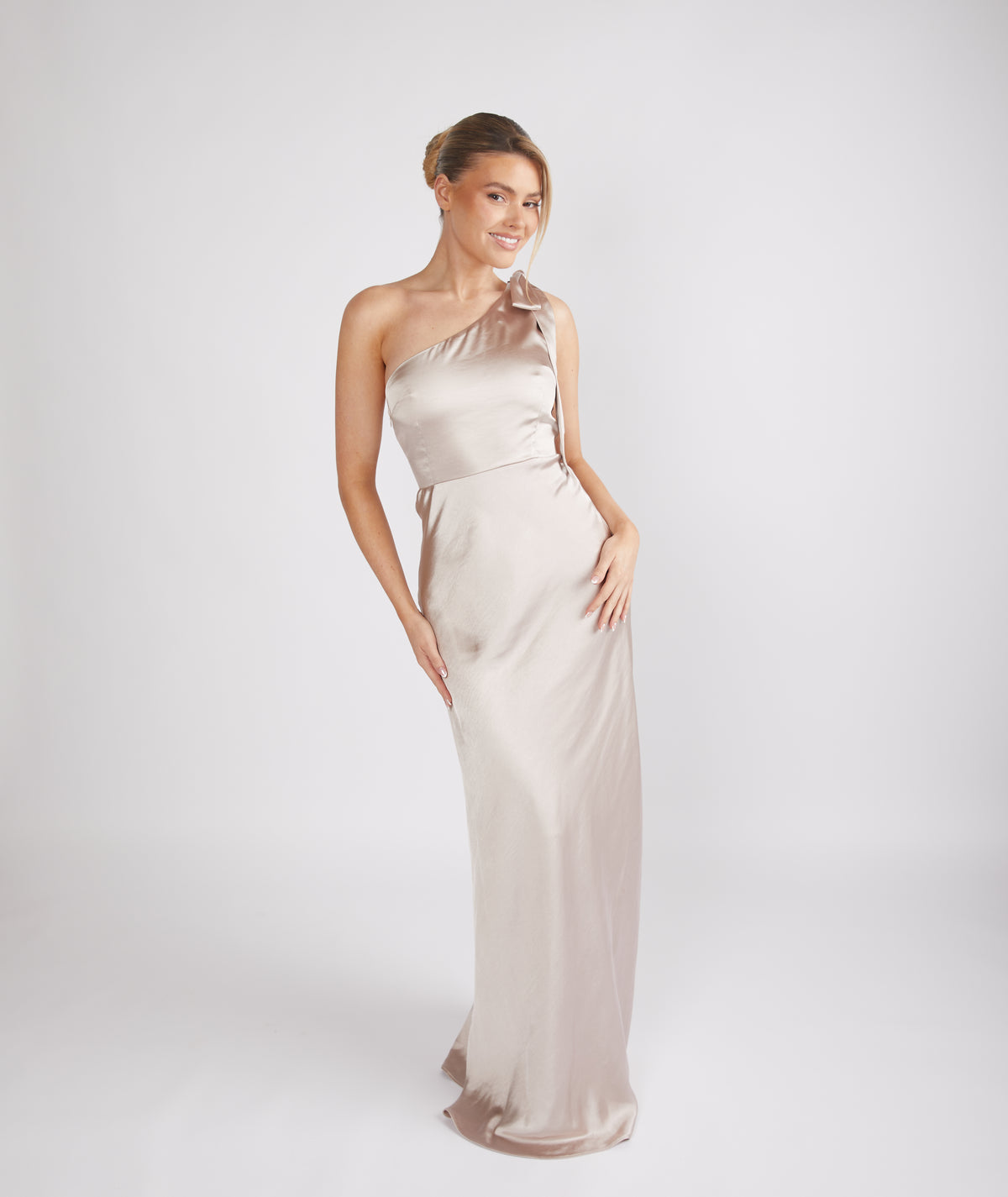 One Shoulder Satin Ruched Bridesmaid Dress - Oyster