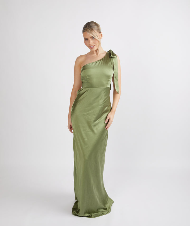 Bow One Shoulder Satin Bridesmaid Dress Moss Green