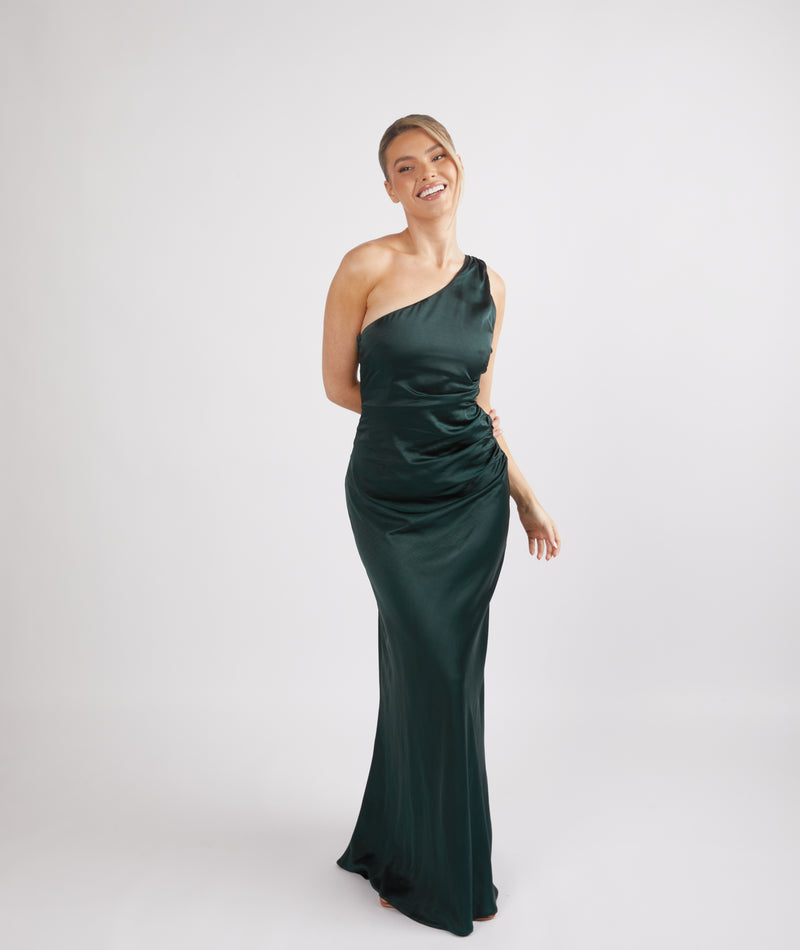One Shoulder Satin Ruched Bridesmaid Dress - Emerald | Six Stories One Shoulder Satin Ruched Bridesmaid Dress - Emerald | Six Stories