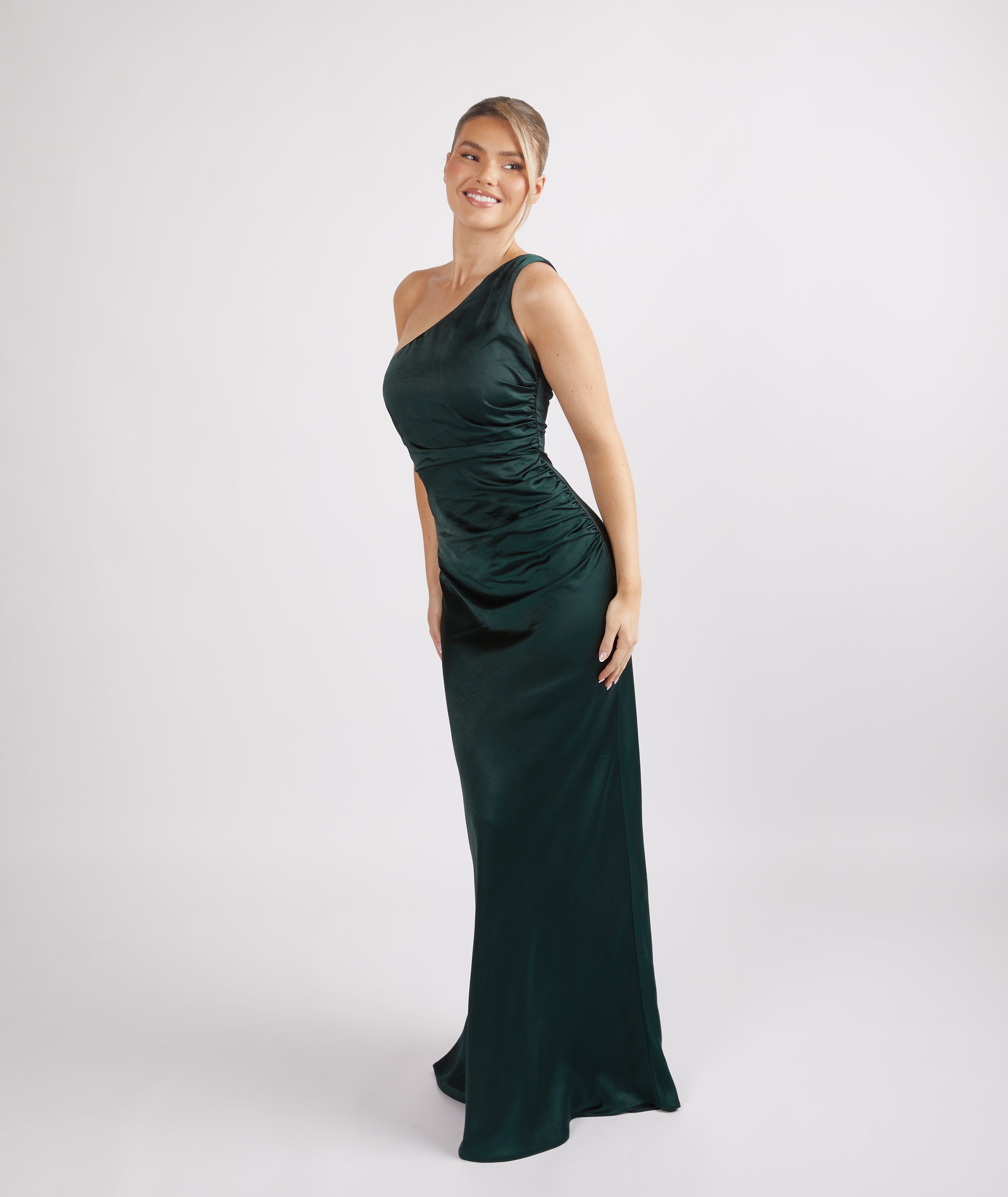 Emerald Green One Shoulder Satin Ruched Maxi Dress Bridesmaid Emerald Green  One Shoulder Satin Ruched Maxi