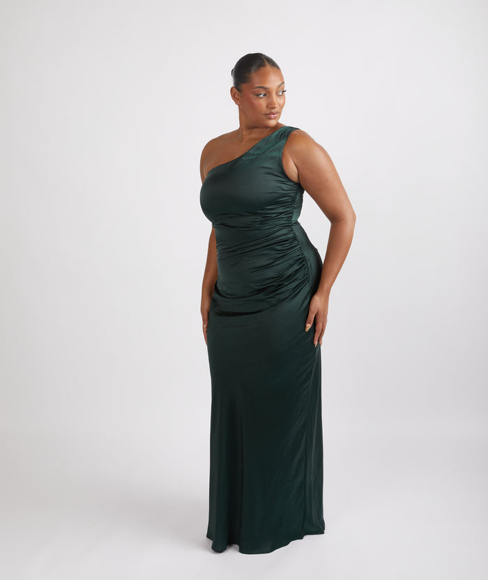 One-Shoulder Ruched Sheath Satin Bridesmaid Dress in Plum main image 0