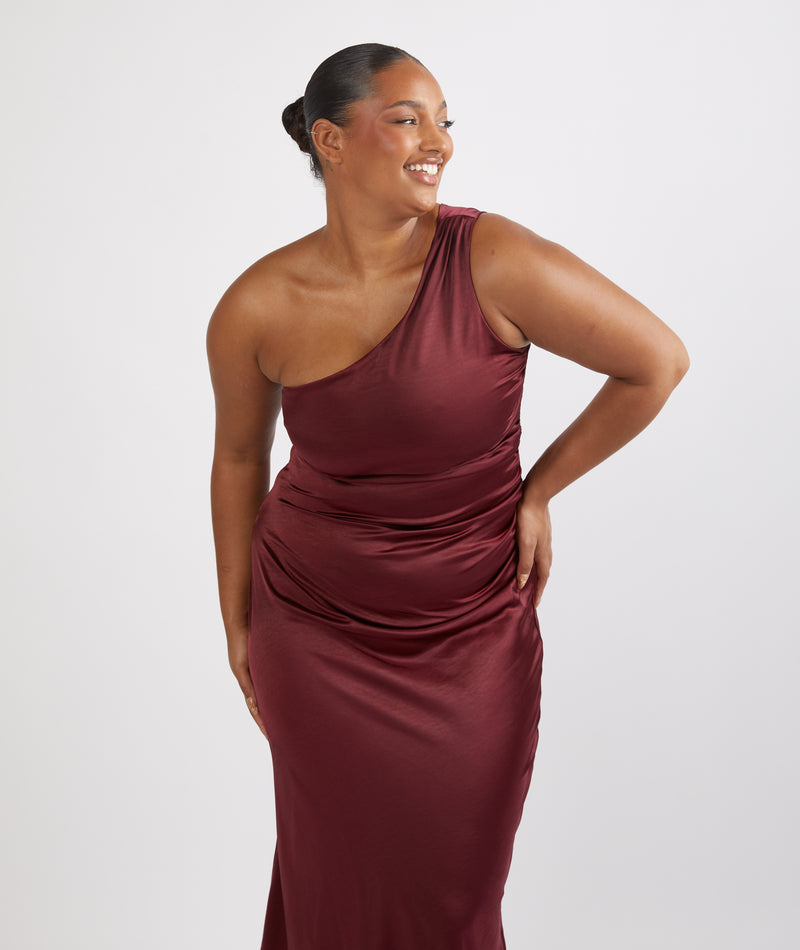One Shoulder Satin Ruched Bridesmaid Dress Deep Wine Six Stories
