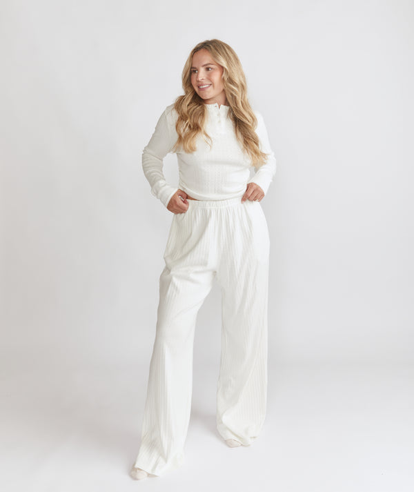 Long Sleeve Pointelle Pyjama Top & Wide Leg Trouser Pyjama Set - Coconut
