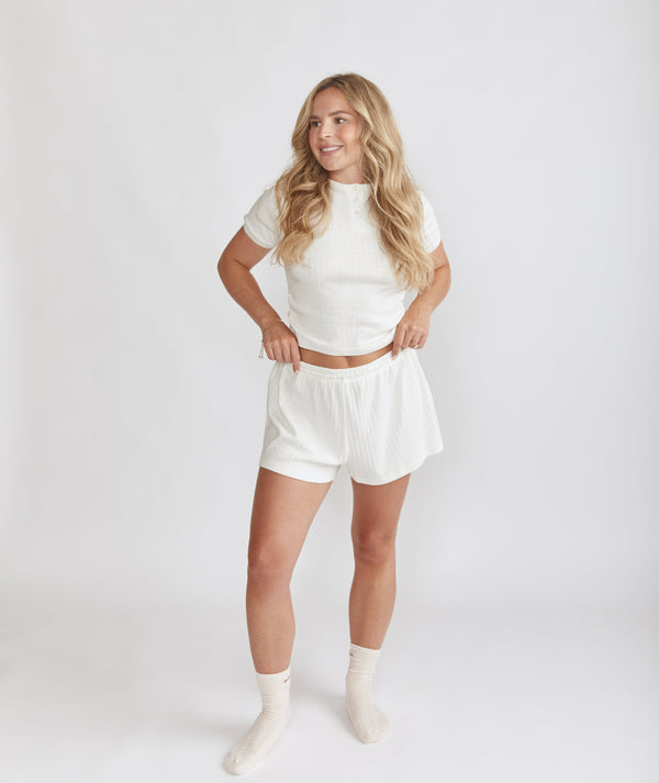 Short Sleeve Pointelle Top & Pointelle Pyjama Short Set - Coconut