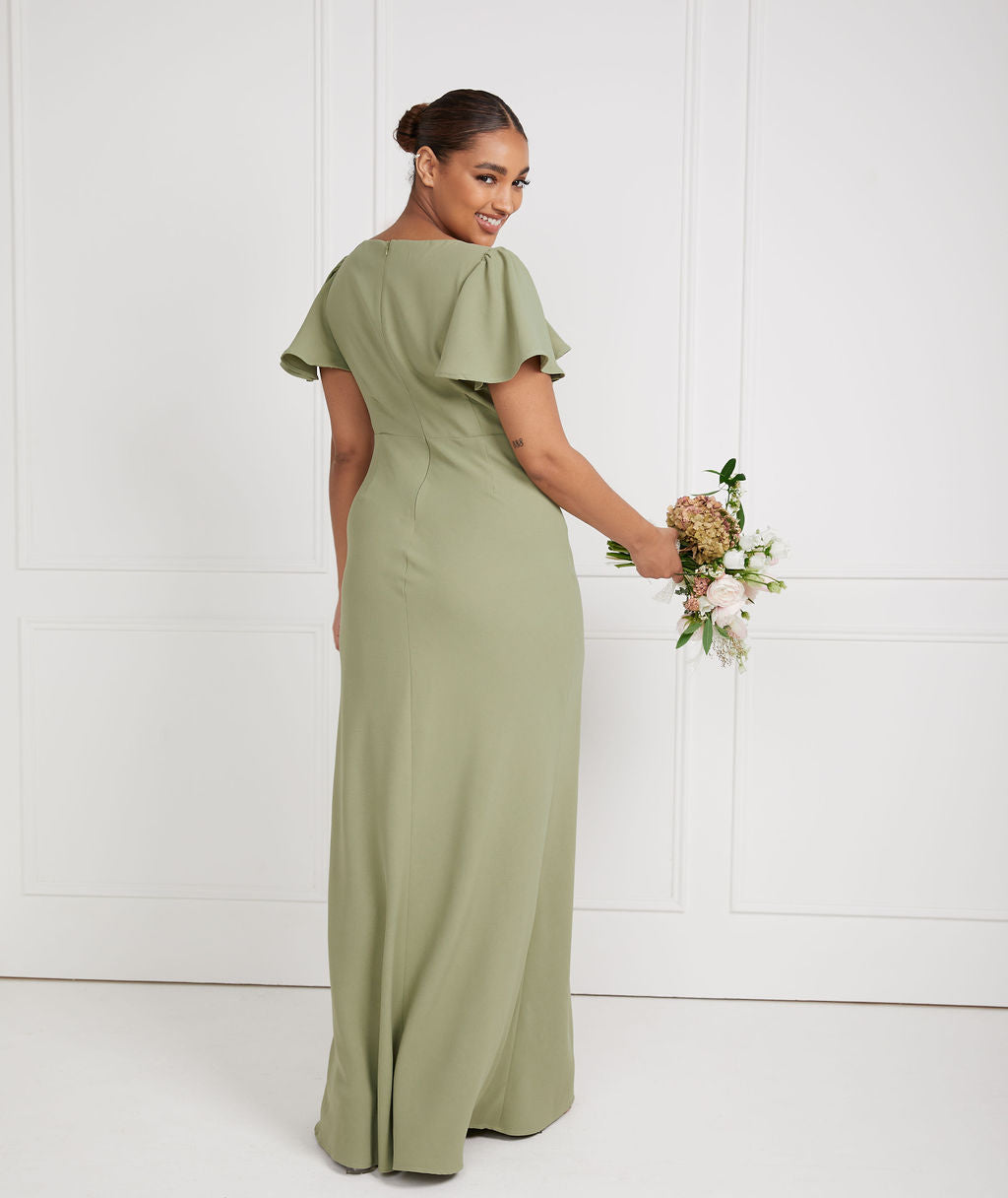 Flutter Sleeve V Neck Crepe Bridesmaid Dress - Sage