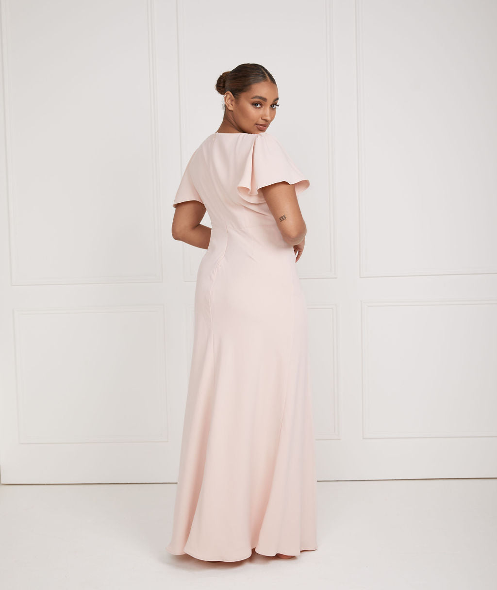 Flutter Sleeve V Neck Crepe Bridesmaid Dress - Blush