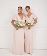Flutter Sleeve V Neck Crepe Bridesmaid Dress - Blush