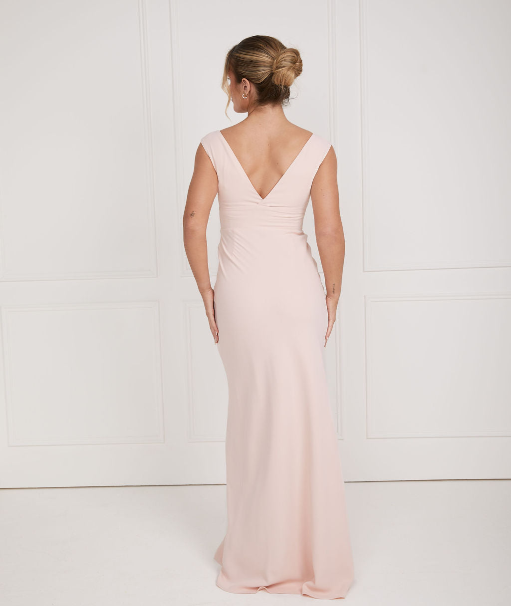 V Neck Crepe Bridesmaid Dress - Blush