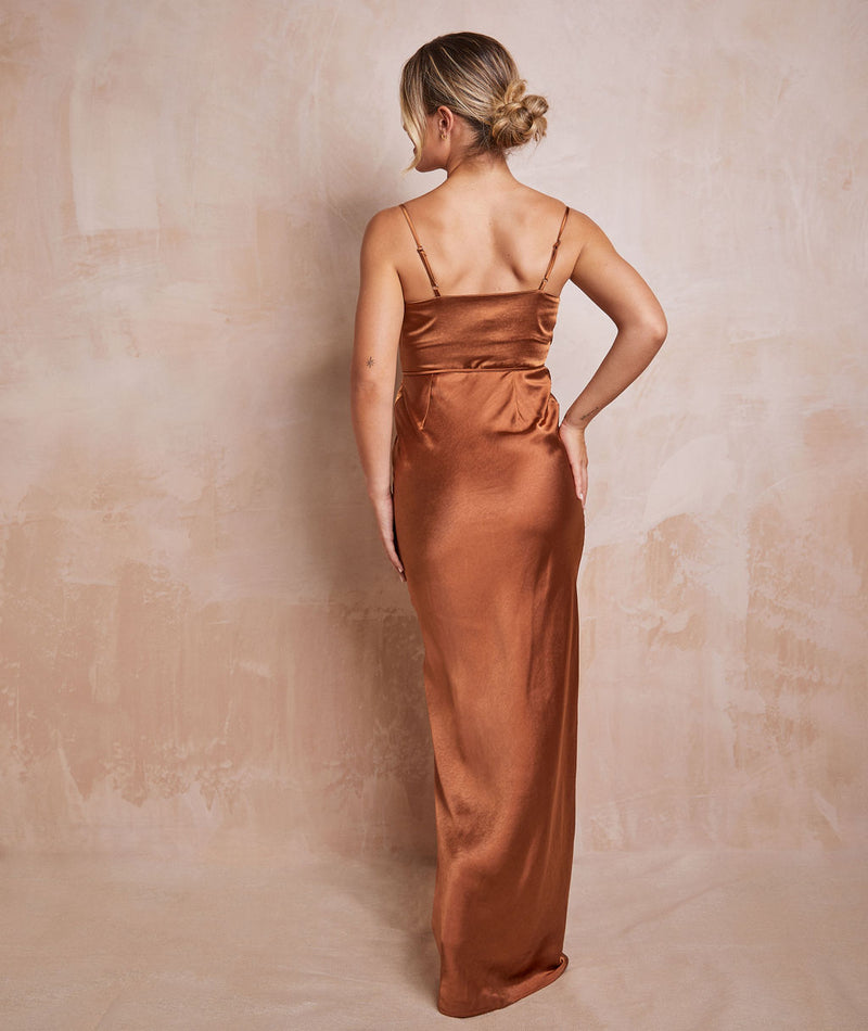 Cami Cowl Front Satin Bridesmaid Dress - Rust