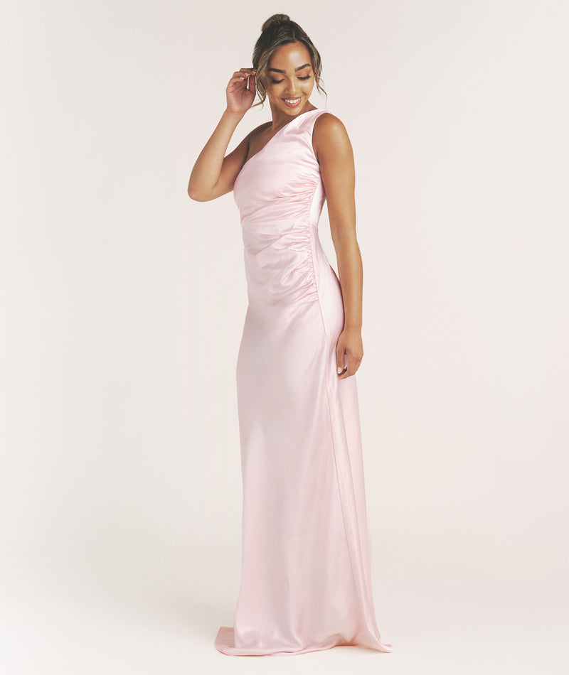 One Shoulder Satin Bridesmaid Dress - Pale Pink