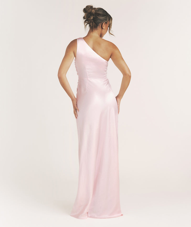 One Shoulder Satin Bridesmaid Dress - Pale Pink