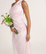One Shoulder Satin Bridesmaid Dress - Pale Pink