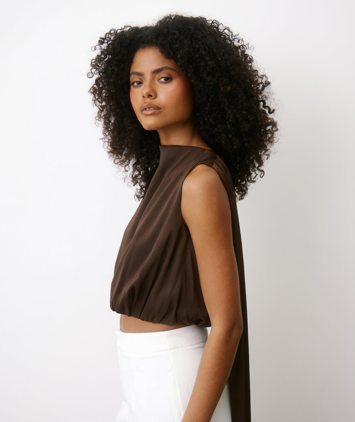 Satin Drape Detail High Neck Top - Chocolate
