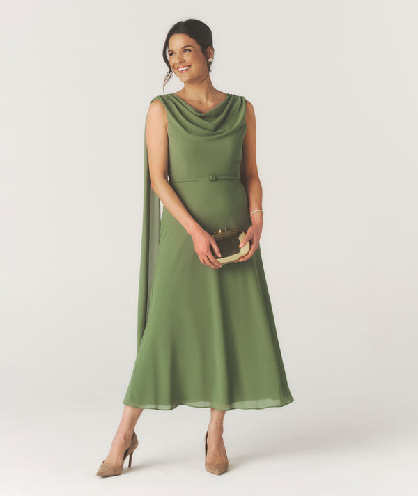 Cowl Front Drape Detail Belted Midi Dress - Sage