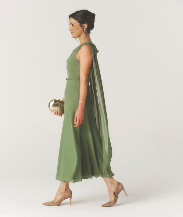 Cowl Front Drape Detail Belted Midi Dress - Sage