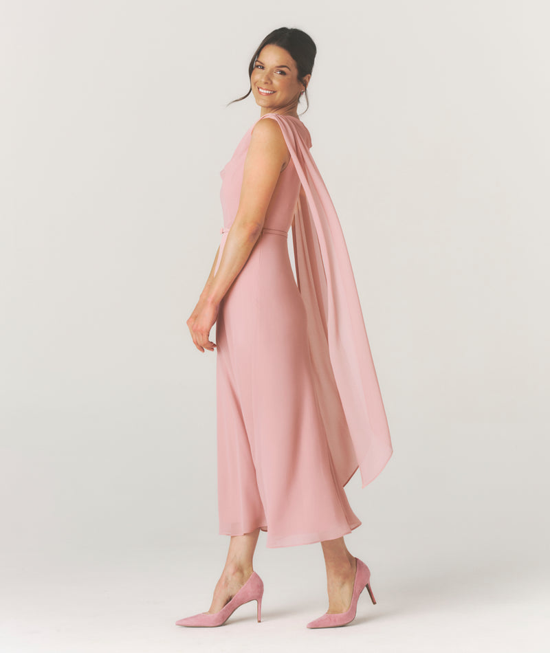 Cowl Front Drape Detail Belted Midi Dress - Rose