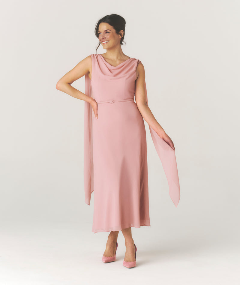 Cowl Front Drape Detail Belted Midi Dress - Rose