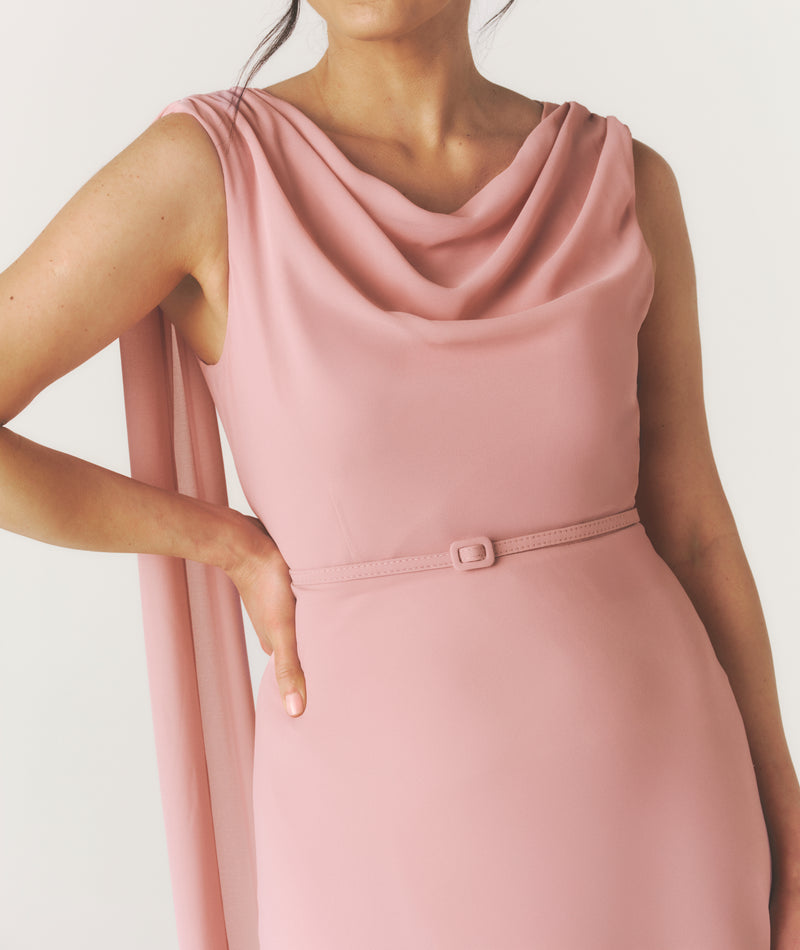 Cowl Front Drape Detail Belted Midi Dress - Rose