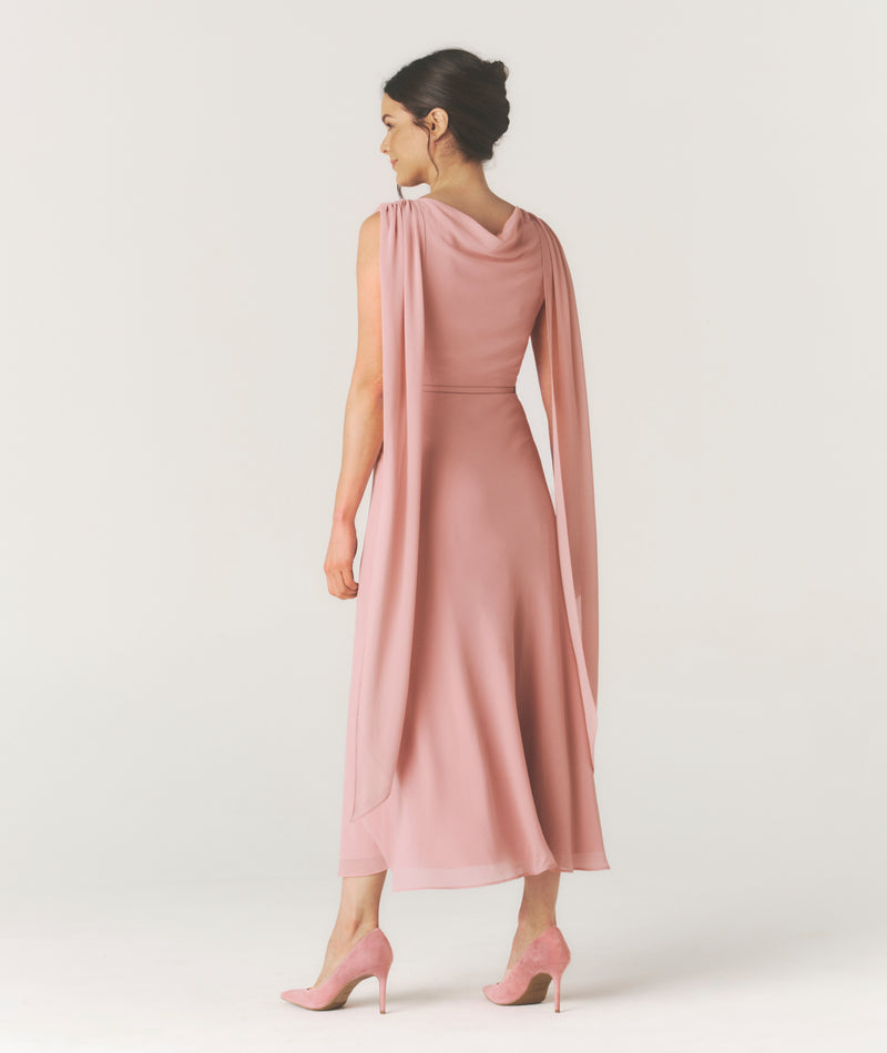Cowl Front Drape Detail Belted Midi Dress - Rose