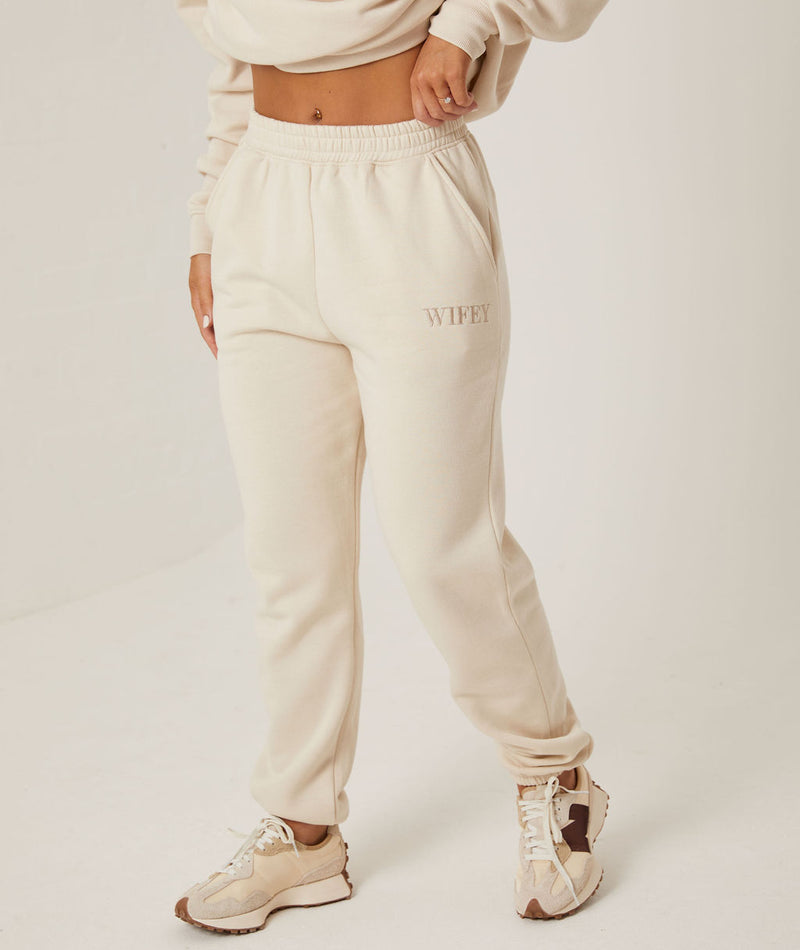 Wifey Back Embroidery Sweatpants - Champagne