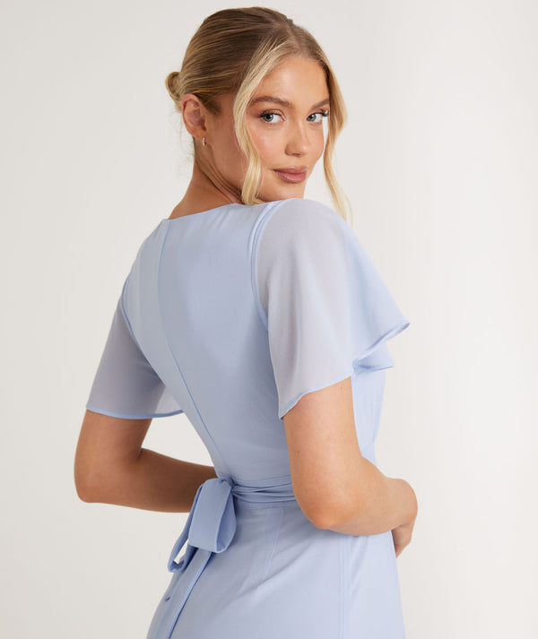 Flutter sleeve wrap tie blue bridesmaid dress