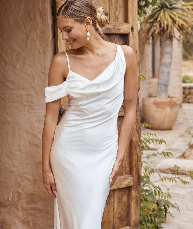 Asymmetric Cowl Front Satin Maxi Dress - White