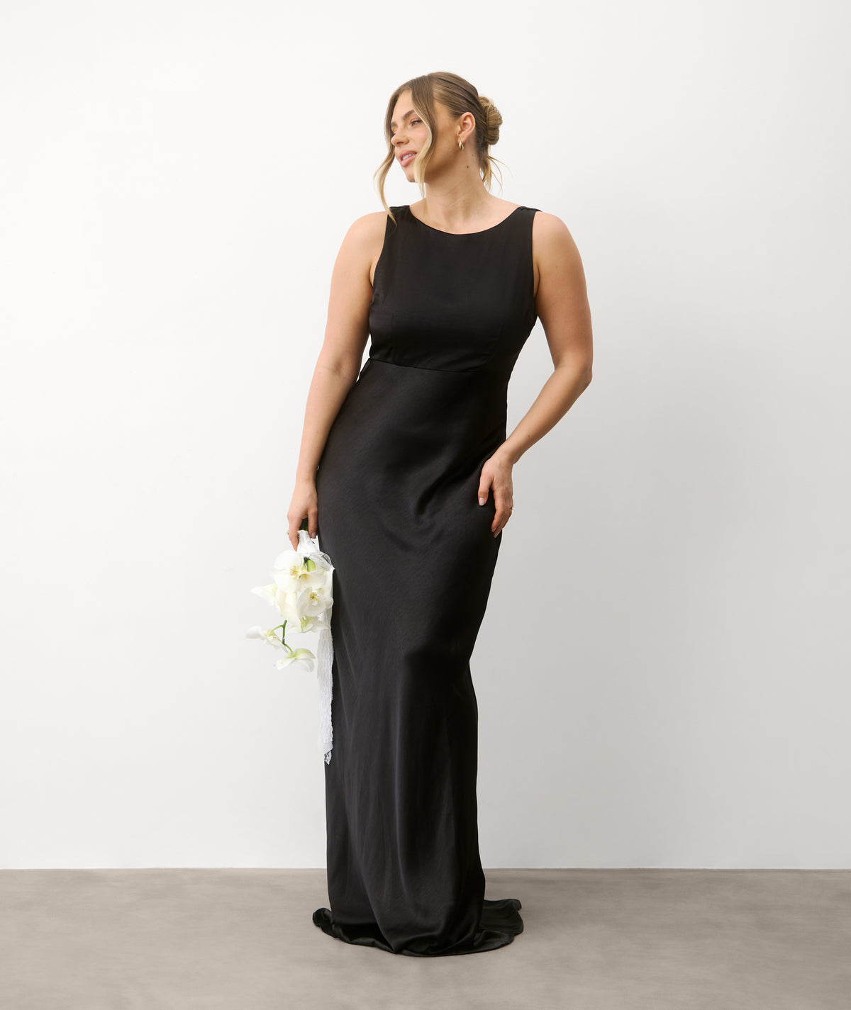 Cowl Back Satin Bridesmaid Dress - Black