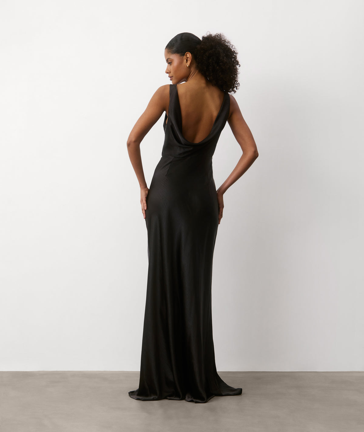Cowl Back Satin Bridesmaid Dress - Black