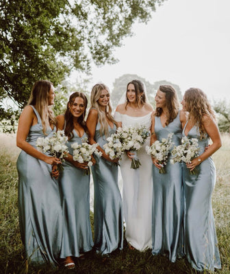 Cowl Back Satin Bridesmaid Dress - Dusty Blue – Six Stories