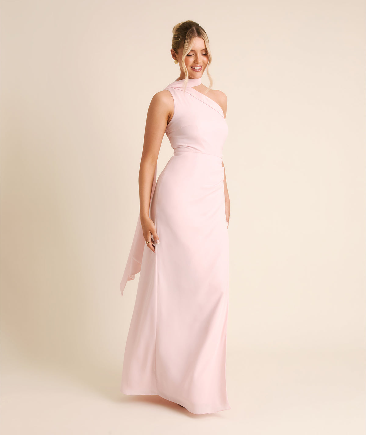 One Shoulder Neck Tie Chiffon Bridesmaid Dress - Blush Pink