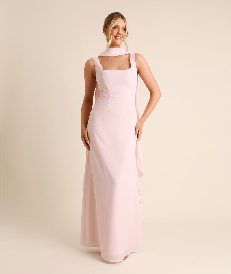 Square Neck Chiffon Bridesmaid Dress with Neck Scarf - Blush Pink Six Stories Square Neck Chiffon Bridesmaid Dress with Neck Scarf - Blush Pink Six Stories