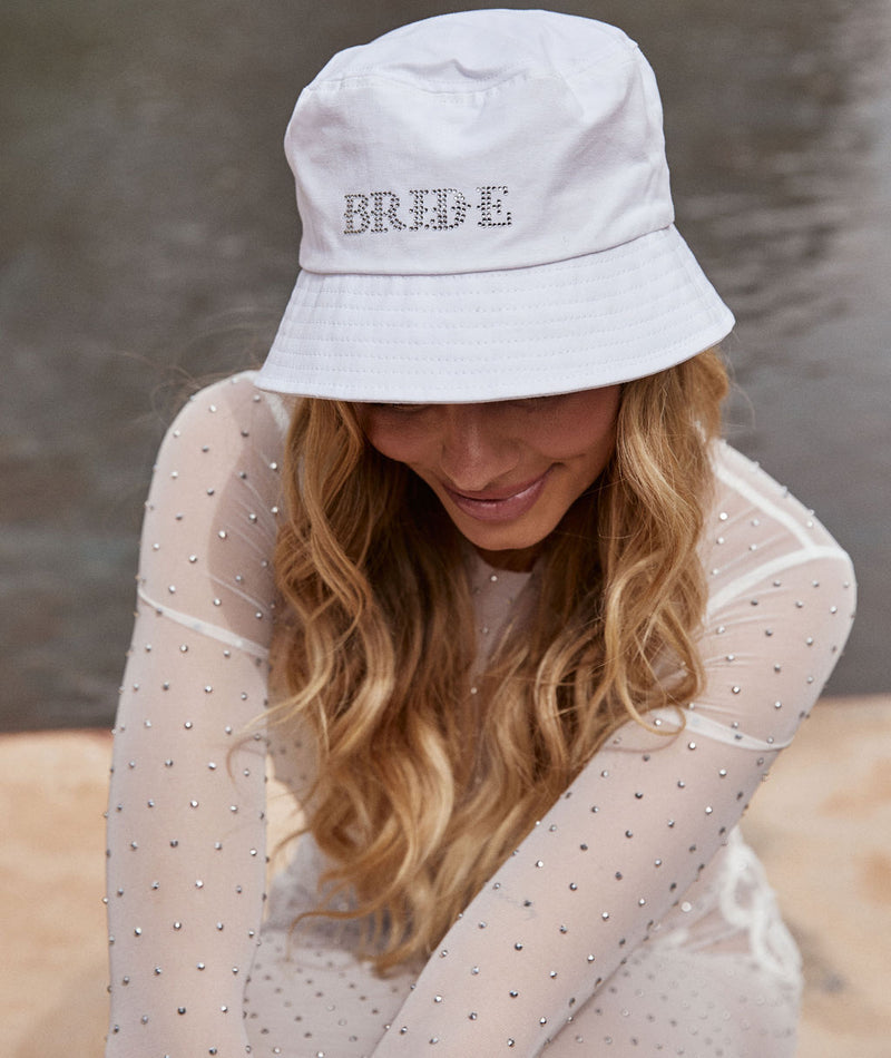 Bride Rhinestone Bucket Hat - White