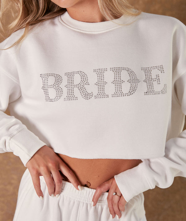 Rhinestone Cropped Bride Sweatshirt - White