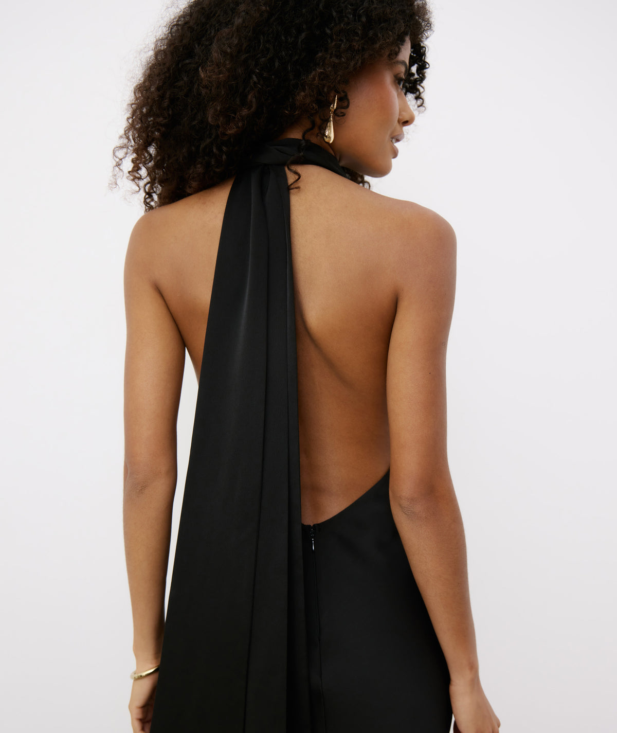 Plunge Tie Satin Midi Dress - Black