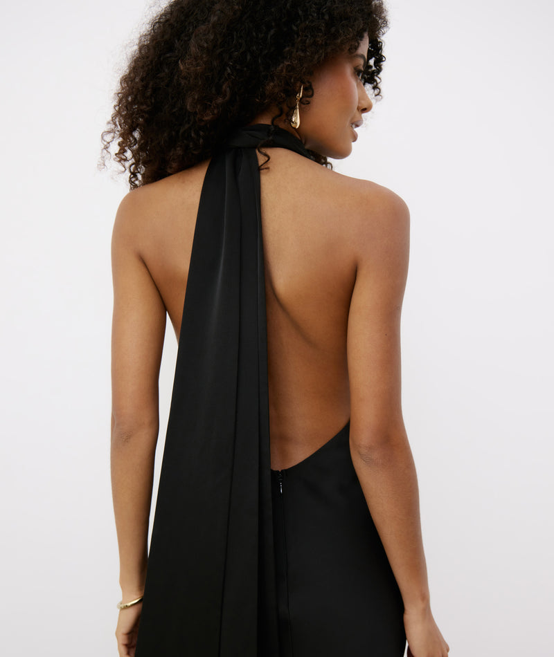 Plunge Tie Satin Midi Dress - Black