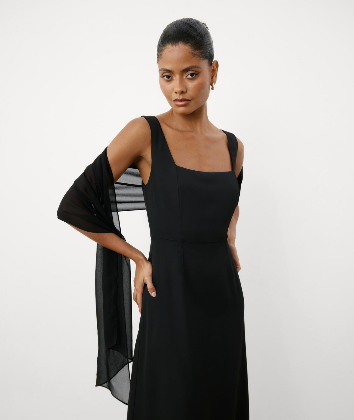 Square Neck Chiffon Bridesmaid Dress with Neck Scarf - Black