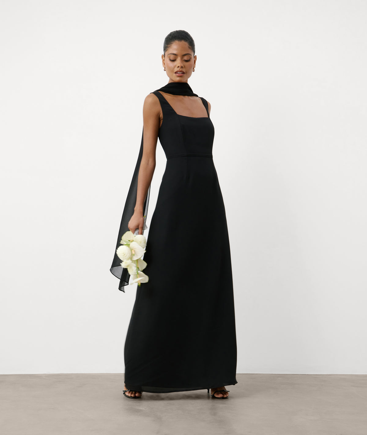 Square Neck Chiffon Bridesmaid Dress with Neck Scarf - Black